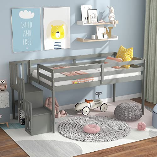 CITYLIGHT Low Loft Bed with Staircase, Twin Size Loft Bed with Shelves, Safety Guardrails & Wood Slats Support for Kids, No Box Spring Needed, Easy Assembly, Gray