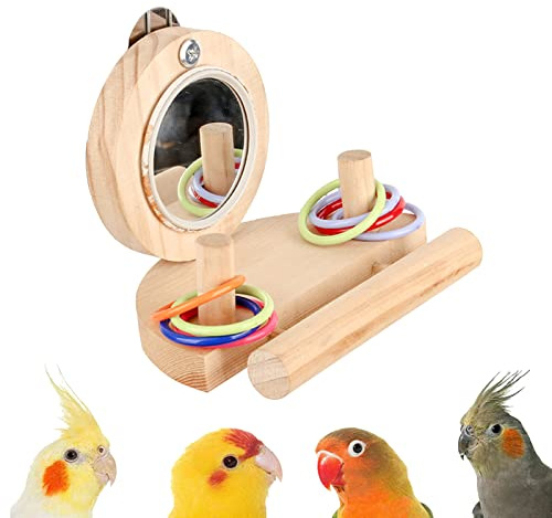 Joyeee Parrot Mirror Toy Set with Wooden Stand, 8 Colorful Stacking Rings, Ideal for Cockatiel Parrot Cage