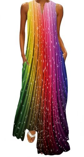 Ocean Plus Donne Senza Maniche Gonna Lunga Scollo a V Stampato Abito Floreale Senza Maniche Maxi Abito con Scollo a V (XXL, Colore Arcobaleno)