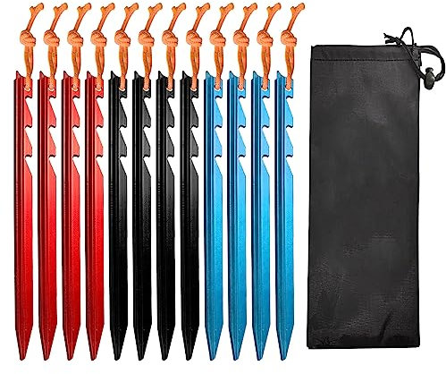 TSHAOUN 12PCS Camping Heringe, Heavy Duty Aluminium Legierung Zelt-Heringe, 18cm Ultraleicht Heringe Sandheringe Zelthaken, Zeltnägel Stakes Mit Reflektierende Seil Camping Strand Erdnägel