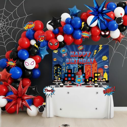 Blue Red Black white Balloon Garland Arch Kit 140PCS with backdrop card stickers Large Starburst mylar balloons for Spider Theme boy birthday Party Man Superhero inspired decorations
