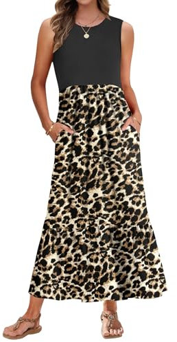 AUSELILY Sommerkleid Damen Lang Ärmelloses Maxikleid Damen Sommer Strandkleid Lange Rundhals Tank Top Kleider Leicht und Luftig mit Taschen Elastischer Taille Leopard Schwarz L