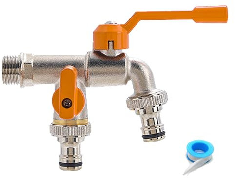 Robinet de jardin double en laiton 1/2 - Double sortie - Antirouille et antigel - Robinet à double sortie avec 2 raccords de tuyau pour jardin, machine à laver, machine à laver, baril de pluie