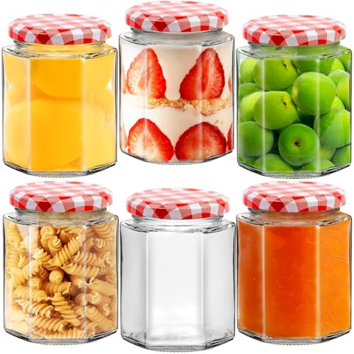 Showvigor Glass Jam Jars with Red Gingham Lid - 280ml/9oz - Hexagonal Storage Glass Jars, Clear Airtight Jar for Pickling, Chutney, Jam, Coffee - 6 Set