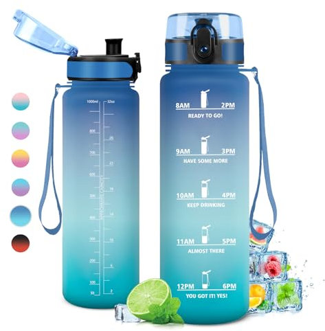 Gourde 1L, Étanche et Réutilisable, Gourde Sport, Bouteille d'eau 1 Litre avec Marqueur de Temps et Filtre, Bouteille pour Adulte, l'école, Cyclisme, Voyage, Camping, Fitness, Yoga, Bureau, Gym