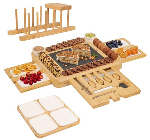 Charcuterie Boards Gift Set, Bamboo Cheese Board and Knife Set, Wooden Snack Tray with 2 Ceramic Bowls, 8 Dishes and Dish Drying Rack, Cheese Platter for House Warming, Birthday & Wedding Gifts
