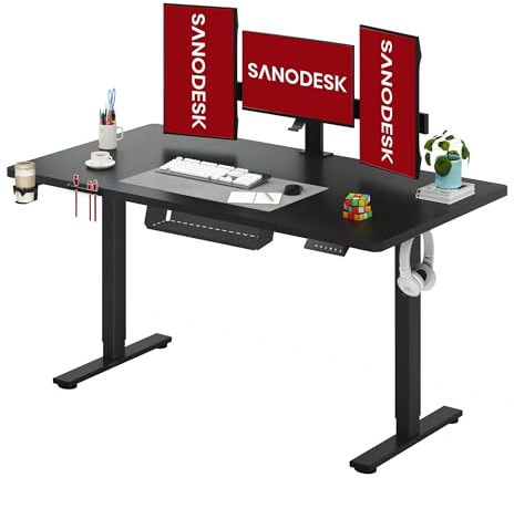 SANODESK Höhenverstellbarer Schreibtisch 160 x 60 cm mit Memory-Funktion, Elektrischer Steh-Sitz Tisch für Heimbüro, Ergonomischer Computertisch mit Modernem Design und Vierteiliger Tischplatte