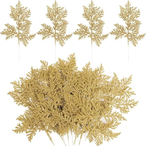 HNNFMY 24PCS Artificial Cedar Sprigs Picks Gold Glitter Faux Plants Indoor Mini Christmas Tree Gold Leaf Pine Branches Garland Real Touch for Fireplace Mantel Decor Christmas Decorations 10.2