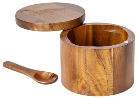 Saliera in legno, saliera in legno, con cucchiaio, scatola per sale e pepe, coperchio magnetico girevole, per pepe, zucchero, sale, spezie