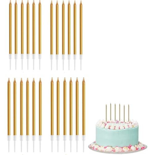 Zpeiran 24 Pièces Bougies d'anniversaire Longues et Fines Dorées pour Gâteau,Bougies Champagne pour Fête,Mariage et Remise de Diplôme,Décoration de Célébration pour Enfants et Adultes