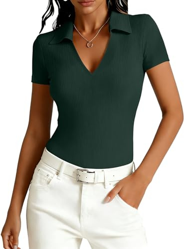 Dressmine Polo Shirts for Women V Neck Short Sleeve Basic Y2K Going Out Tops Fitted Ribbed Work Gym Golf Blouse