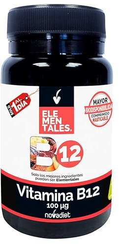 Novadiet - ELEMENTALES VITAMINA B12 100 mcg Comprimidos con Vitamina B12 - Complemento Alimenticio - Para el Sistema Nervioso y la Energía - 120 Comprimidos Masticables