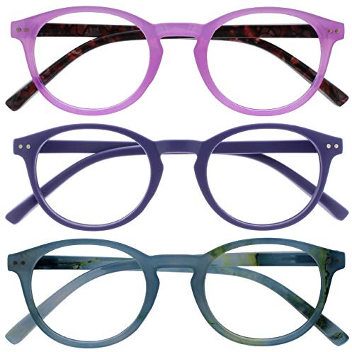 OPULIZE Zen Reading Glasses 3 Pack Cool Round Frame Spring Hinges Scratch Resistant Shiny Pink Matt Purple Turquoise Mens Womens RRR24-45Q +3.00