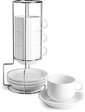 Sweese Porcelain Espresso Cups Set, 4 oz Stackable Cups with Saucers Metal Stand, Set of 4, White