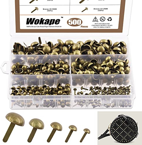 Wokape Sujetadores de papel Brads redondos (bronce) - 500 piezas 5 tamaños de cabeza de seta redonda sujetadores de papel de metal Brads decorativos