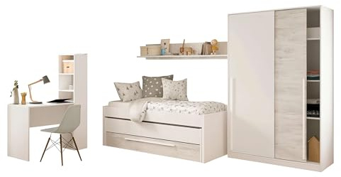 Miroytengo Pack Muebles Dormitorio Juvenil Completo en Color Blanco y Roble Claro Cama + Armario + Escritorio con Estantería. Incluye Somieres