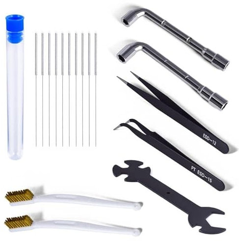 FBBULES 17 pcs Kit d'Outils d'Accessoires pour Imprimante 3D, Comprenant Pince à Épiler, Clés en Forme L et 5 en 1, Brosse en Fil de Cuivre, Aiguille de Nettoyage, pour le Nettoyage de Buse
