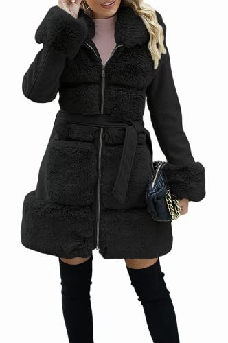 Giolshon Giacca da Donna in Pelliccia di Misto Lana Sintetica Giacca Lunga Imbottita con Cintura Parka Cappotto In Pile Sherpa Isolato Outwear 241A Nero XL