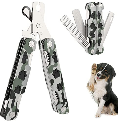 DOUBFIVSY Profi Krallenschere für Hunde & Katzen, 4 In 1 krallenschneider mit Sicherheit Nagelfeile Kamm, Edelstahl Krallenzange Haustier Krallenpflege für Große Mittlere Kleine Hunde Katzen(Tarnung)