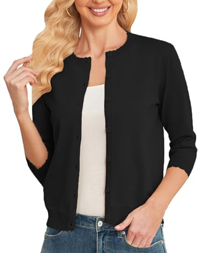 CUNYI Cardigan Donna Corto Manica 3/4 Coprispalle Elegante Maglione Leggero Girocollo con Bottoni, Nero L