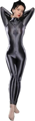 Yaaapiy Woman's Sheer Shiny Bodystocking Lingerie High Neck Long Sleeve Zipper Crotch unitard Bodysuit Catsuit