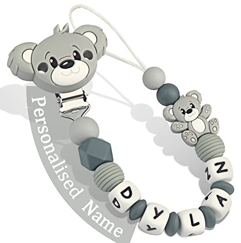 Yolnkos Attache Sucette Nom Personnalisé Prenom Teddy Ours Tetine Clips Chaîne pour Bébé Filles Garçons(Gris)