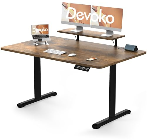 Devoko Scrivania Regolabile in Altezza 140 x 60cm con Supporto per Monitor, da Ufficio e Gaming per Computer, Telelavoro (140x60cm, Marrone Vintage)