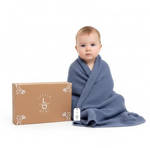 Little Dedi 100% Organic Cotton GOTS Certified Baby Knitted Blanket with Gift Box - Soft Toddler, Crib, Stroller Blanket - Neutral Swaddle and Receiving Blanket for Newborns, 30x40, Grey Blue