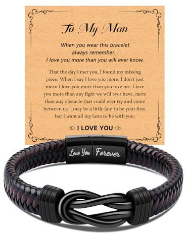 CheersLife Valentines Day Gift for Him Mens Bracelet Husband Boyfriend Gifts Ideas from Wife Girlfriend, Knot Leather Bracelet for Men To My Man Anniversary Birthday Gifts for Him Love You Forever