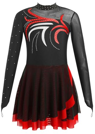 dPois Robe de Patinage Artistique Enfant Fille Robe de Danse Classique Manches Longues Paillettes Brillants Strass Justaucorps Gymnastique Gym Ballet 5-16 Ans Rouge 11-12 Ans