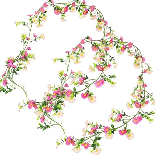 POPAPIE 2 Stück Gänseblümchen Deko Blumengirlande 2.1 Meter Blumengirlande Deko Künstliche,Rosa Künstliche Blumen Gänseblümchen,Kunstblumen Girlande für Hochzeit Wand Party Garten Deko