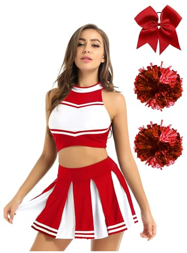 Alvivi 4tlg.Damen Cheer Leader Kostüm Cheerleading Uniform Crop Tops + Rock + Pompoms + Haarband Halloween Karneval Fasching Kostüm Rot M