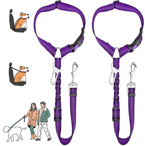 MOLHEM Lot de 2 ceintures de sécurité pour chien pour voiture, harnais de sécurité élastique réglable pour voiture, laisse rembourrée élastique anti-choc (violet)