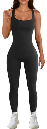 Risipu Bodycon Jumpsuit for Women UK, Sleeveless Square Neck Black Jumpsuit, Seamless Ribbed Stretchy Romper for Fitness Yoga Workout (Black, L)
