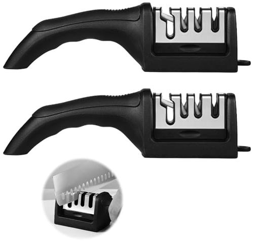 Affilacoltelli 2 Pezzi, Acciaino Professionale 4 in 1 Acciarino Affilacoltelli,Affila Coltelli Affilatore Manuale Antiscivolo per Coltelli Da Cucina Forbici