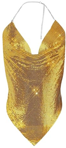 JIAHG Haut à Paillettes Femme Dos Nu Col V Profond Débardeur à Paillettes Métalliques Une Pièce à Crochet Réglable Crop Top Sexy au Club Disco Soirée à Thème été Top à Sequins Voyage Plage