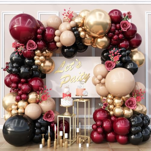 Kit Arco Palloncini Doppio Riempire Bordo Marrone Oro Nero, Kit Ghirlanda Palloncini Marrone Nudo Bordo Rosso Scuro Albicocca Granato Vino Rosso Palloncini in Lattice per Laurea Compleanno