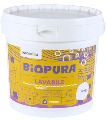 CROMIKA BIOPURA Pittura Lavabile Traspirante per Interni, Alta Copertura Rullo Pennello Spruzzo Finitura Opaca Made in Italy (Bianco, Litri 5)