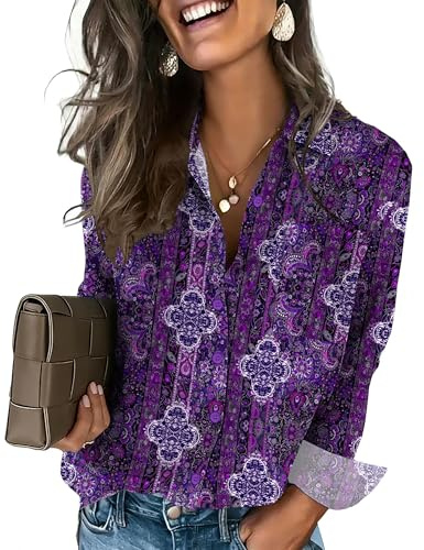 HOTOUCH Button Down Shirts for Women Dressy Casual Long Sleeve Blouses Boho Tops Ethnic Spring Outfits for Women 2026 Purple S
