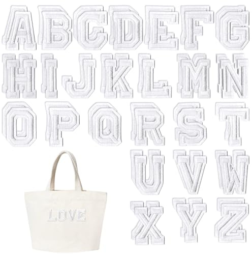 52 stycken strykpåläggningsbokstäver, strykbokstäver, alfabet A-Z, strykbokstäver för textil, strykpåläggningspatches med strykad lim, för jackor, rockar, skjortor, hattar, väskor, jeans (vit)