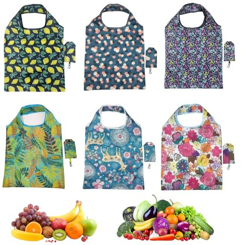 Copbopwn 6 Pack Shopping Bags with Pouch Foldable Shopping Bag Eco-Friendly Grocery Tote Bags Waterproof & Machine Washable Compact Travel Shopping Bag for Daily Use Picnic Travel (Set B)