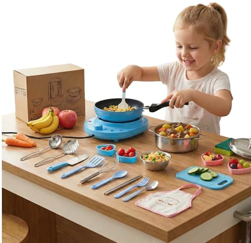 Mini Juego de Cocina para niños、24 Juguetes con Estufa eléctrica Funcional y Utensilios de Cocina de Acero Inoxidable Seguros. Kit de Cocina para Principiantes (Blue)