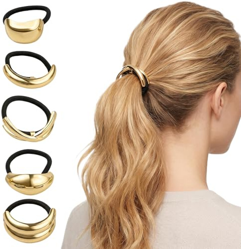 5 Pieces Metal Hair Ties for Women, Gold Ponytail Hair Cuffs, Elastic Hair Bands for Thick Hair, No Damage Hair Bobbles, Stylish Metal Hair Accessories for Girls and Women (Gold)