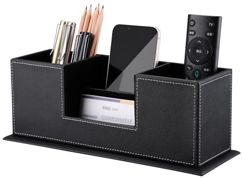 KINGFOM Desktop Leather Storage Box 4 Divided Compartments for Pen/Business Card/Remote Control/Mobile Phone/Office Supplies Holder Collection nero