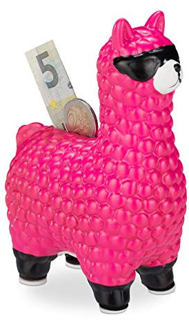 Relaxdays Lama Spardose, mit Sonnenbrille, Geschenkidee & Deko, Alpaka Sparbüchse aus Keramik, HBT 15,5 x 11 x 6cm, pink