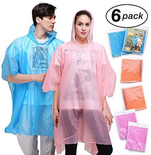 Rain Ponchos for Adult with Drawstring Hood - 6 Pack Lightweight Yet Strong, Reusable-for Women Men Concerts, Camping