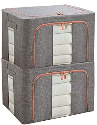 MHTECH Scatola di immagazzinaggio impermeabile antibatterica pieghevole, struttura in metallo, finestra trasparente con cerniera per vestiti, coperte, giocattoli (grigio scuro-2)