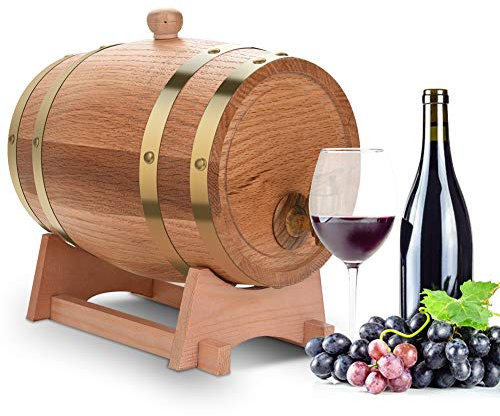 Wine Spirit Storage Barrel, 3L Wood Oak Beer Dispenser Barrel with Wood Stand for Whiskey Bourbon Tequila, 9.25 x 6.3 inch