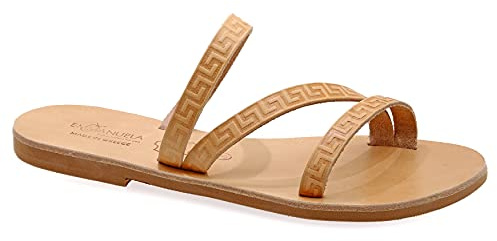 Emmanuela Ancient Greco Sandali in pelle a mano a mano con Meandro, Scarpi estivi di qualita per la donna, Apri dita dei piedi Sandali a fianco, Sandali boho chic, beige, 38 EU