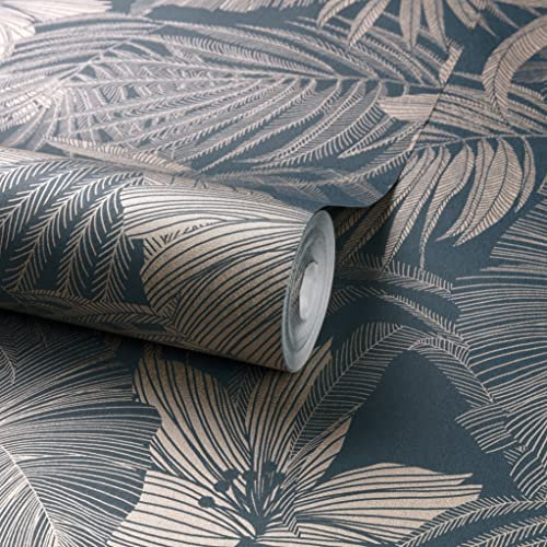 Grandeco Joelle Papier peint métallique Motif fougère Bleu marine et or rose